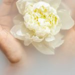 VR Therapy - Unrecognizable female with soft manicured hands holding white flower with delicate petals in hands during spa procedures