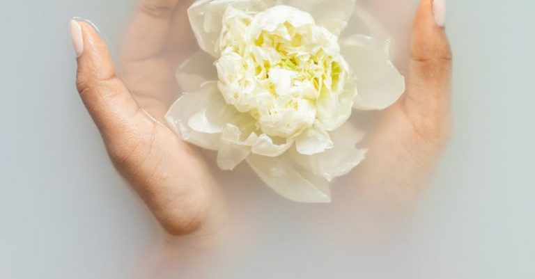 VR Therapy - Unrecognizable female with soft manicured hands holding white flower with delicate petals in hands during spa procedures