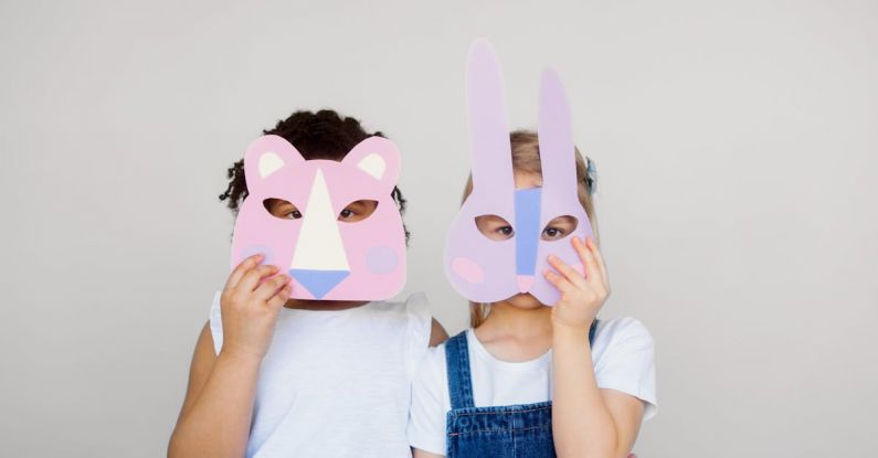 VR Creation - Two Kids Covering Their Faces With a Cutout Animal Mask