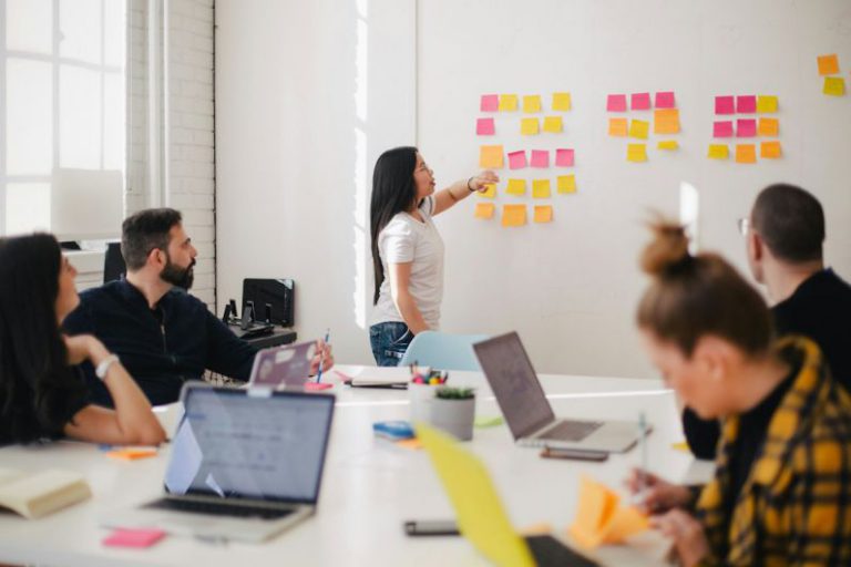 Future Workplace - woman placing sticky notes on wall